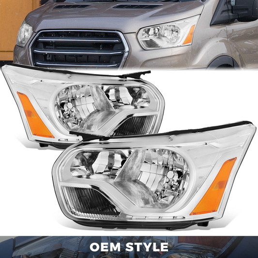 FAROS FORD TRANSIT 150 2015-2023 / FORD TRANSIT 250 2015-2023 / FORD TRANSIT 350 2015-2023 - WITH FACTORY HALOGEN HEADLIGHTS - OE STYLE - H11 LOW / 9005 HIGH / 3457A TURN SIGNAL / 194 SIDE MARKER - CHROME HOUSING / AMBER CORNER