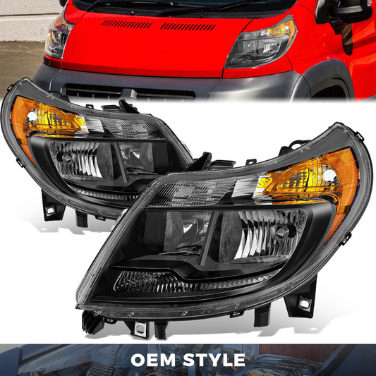 FAROS RAM PROMASTER 1500 2014-2022 / RAM PROMASTER 2500 2014-2022 / RAM PROMASTER 3500 2014-2022 - WITHOUT DAYTIME RUNNING LAMPS - OE STYLE - H7 LOW & HIGH BEAM / 2827 SIDE MARKER / 7443 TURN SIGNAL - BLACK HOUSING / AMBER CORNER