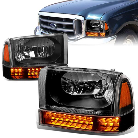 FAROS 99-04 FORD F-250, F-350 / 00-04 FORD EXCURSION 2/4-DOOR - DOES NOT FIT LIGHT DUTY MODELS OR MODELS WITH SEALED BEAM HEADLIGHTS - LED DRL - BLACK HOUSING / AMBER CORNER - 9007 LOW BEAM / HIGH BEAM