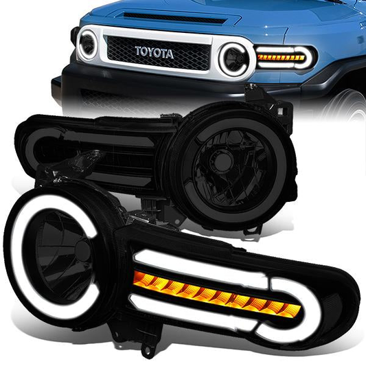FAROS 07-14 TOYOTA FJ CRUISER - LED DRL - SEQUENTIAL TURN SIGNAL - BLACK HOUSING / SMOKE LENS / CLEAR CORNER - 9003 LOW BEAM / H4 HIGH BEAM
