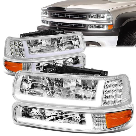 FAROS 99-02 CHEVY SILVERADO 1500, 2500 / 01-02 CHEVY SILVERADO 1500HD, SILVERADO 2500HD, SILVERADO 3500 / 00-06 CHEVY SUBURBAN 1500, SUBURBAN 2500, TAHOE - LED DRL - DRL REQUIRES WIRING INTO EXISTING LIGHTING HARNESS - 4PC - CHROME HOUSING / AMBER CORNER