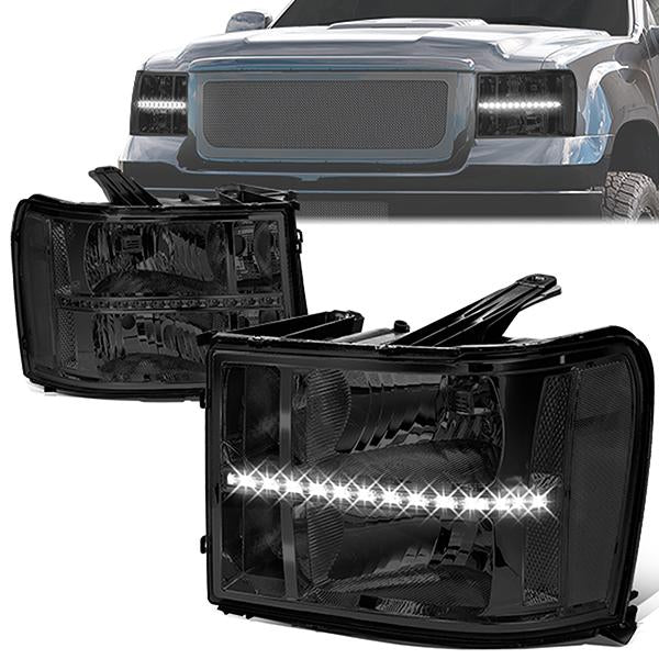 FAROS 07-13 GMC SIERRA 1500 / 07-14 GMC SIERRA 2500, 3500 - DOES NOT FIT 2007 CLASSIC STYLES - LED DRL STRIP - SMOKE HOUSING / CLEAR CORNER