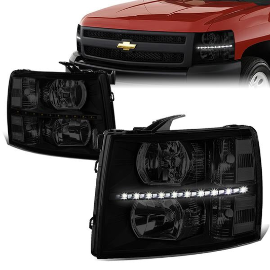 FAROS 07-13 CHEVY SILVERADO 1500 / 07-14 CHEVY SILVERADO 2500 / 3500 & HD MODELS - LED - REFLECTOR - BLACK HOUSING / CLEAR CORNER / SMOKE LENS - H11 LOW BEAM / 9005 HIGH BEAM