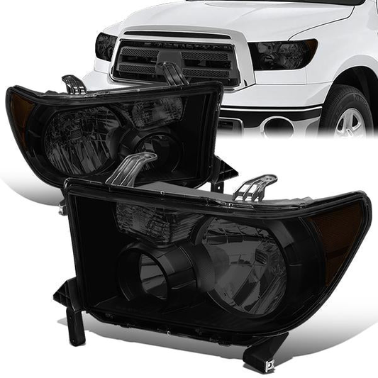 FAROS 07-13 TOYOTA TUNDRA / 08-17 TOYOTA SEQUOIA - DOES NOT FIT 09-12 TUNDRA W/ HEADLIGHT LEVEL ADJUSTER - DOES NOT FIT '12 SEQUOIA WITH HEADLIGHT WASHER - H11 LOW BEAM / 9005 HIGH BEAM / 4157NA TURN SIGNAL - BLACK HOUSING / SMOKE LENS / AMBER CORNER