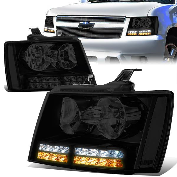 FAROS 07-13 CHEVY AVALANCHE / 07-14 CHEVY TAHOE / 07-14 CHEVY SUBURBAN 1500 / 07-13 CHEVY SUBURBAN 2500 - LED DRL - BLACK HOUSING / SMOKE LENS / CLEAR CORNER - H1 LOW BEAM / H1 HIGH BEAM