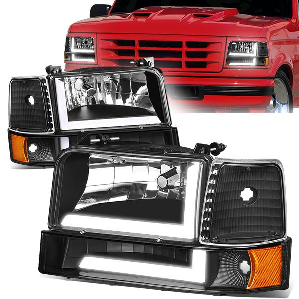 FAROS 92-96 FORD F-150, F-250, F-350 BRONCO - FITS MODELS WITH HALOGEN HEADLIGHTS ONLY - DUAL LED DRL - 4PC - BLACK HOUSING / AMBER CORNER