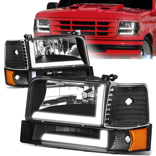 FAROS 92-96 FORD F-150, F-250, F-350 BRONCO - FITS MODELS WITH HALOGEN HEADLIGHTS ONLY - DUAL LED DRL - 4PC - BLACK HOUSING / AMBER CORNER