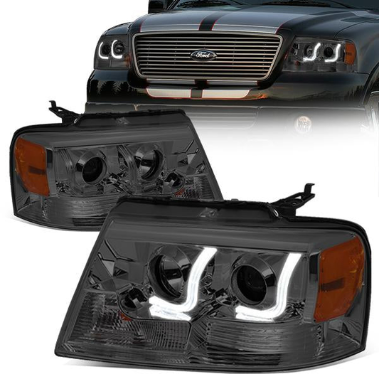 FAROS 04-08 FORD F-150 2/4-DOOR - 3D - LED - J-BAR HALO PROJECTOR - SMOKE HOUSING / AMBER CORNER - 9007 LOW BEAM / HIGH BEAM