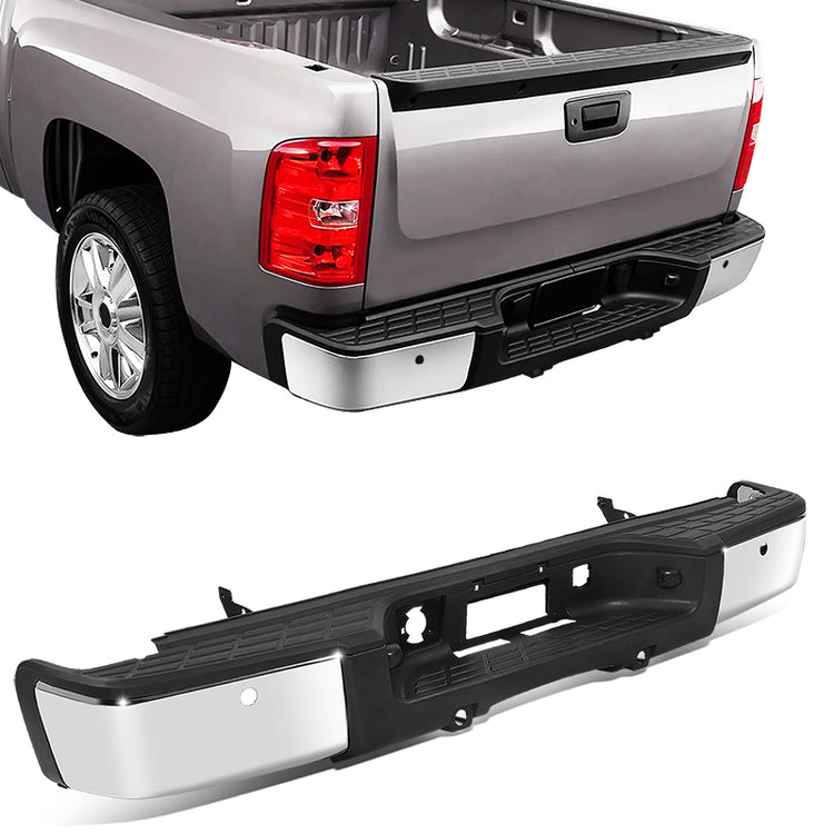 DEFENSA TRASERA 07-13 CHEVY SILVERADO 1500 GMC SIERRA 1500 - W/ PARKING SENSOR HOLES - W/ LICENSE PLATE LIGHTS - FITS MODELS W/ REAR PARKING SENSORS - CHROME/STEEL