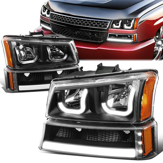 FAROS 03-06 CHEVY SILVERADO 1500, 2500, 3500, 1500HD, 2500HD, AVALANCHE 1500, AVALANCHE 2500 / 2007 CHEVY SILVERADO 1500, 1500HD, 2500HD, 3500 CLASSIC - FITS MODELS WITHOUT FACTORY CLADDING ONLY - J-HALO - LED DRL - 4PC - BLACK HOUSING / AMBER CORNER