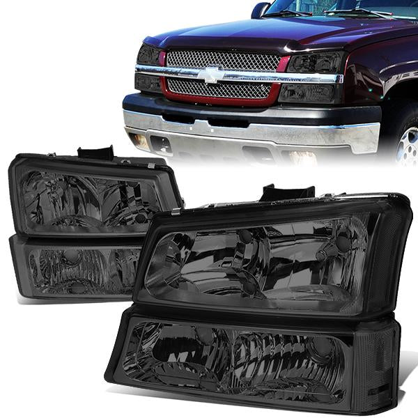 FAROS 03-04 CHEVY SILVERADO 2500 / 03-06 CHEVY AVALANCHE 1500 , 2500 / 03-06 CHEVY SILVERADO 1500 , 1500HD , 2500HD , 3500 2/4-DOOR - FITS MODELS WITHOUT FACTORY CLADDING ONLY - 4PC - SMOKE HOUSING / CLEAR CORNER - 9006 LOW BEAM / 9005 HIGH BEAM