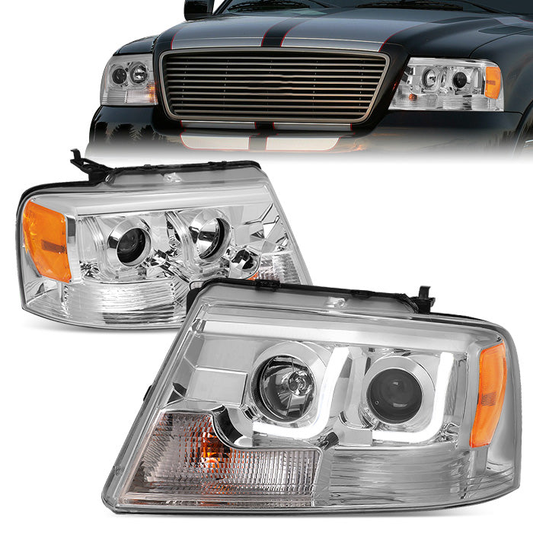 FAROS 04-08 FORD F-150 2/4-DOOR - 3D - LED - J-BAR HALO PROJECTOR - CHROME HOUSING / AMBER CORNER - 9007 LOW BEAM / HIGH BEAM