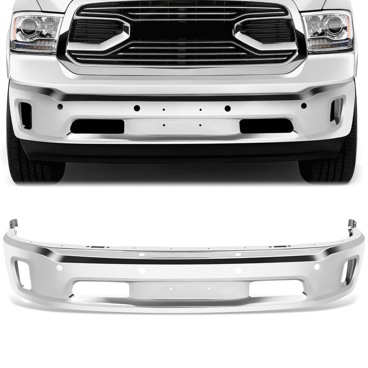 DEFENSA 14-18 RAM 1500 / 19-23 RAM 1500 CLASSIC, WITH PARKING SENSOR HOLES; WITH FOG LIGHT CUTOUTS - CHROME