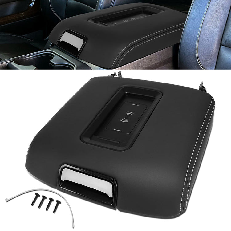 TAPA DE CONSOLA CENTER CONSOLE COVER - CHEVROLET GMC BLACK LEATHER CENTER CONSOLE 15-19 ARMREST LID W/ WIRELESS CHARGER