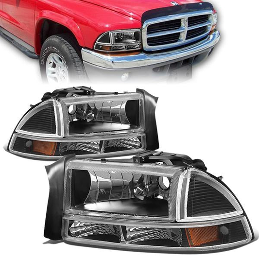 FAROS 97-04 DODGE DAKOTA / 98-04 DURANGO 2/4-DOOR - 4PC - BLACK HOUSING / AMBER CORNER - 9007 LOW BEAM / HIGH BEAM