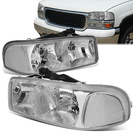 FAROS 99-07 GMC SIERRA 1500 / 99-04 2500 / 01-07 1500 HD/2500 HD/3500 HD / 99-06 YUKON / 00-06 YUKON XL 1500/2500 / 2001 SIERRA C3 - 2PC - 9005 LOW BEAM / HIGH BEAM - CHROME HOUSING / CLEAR CORNER