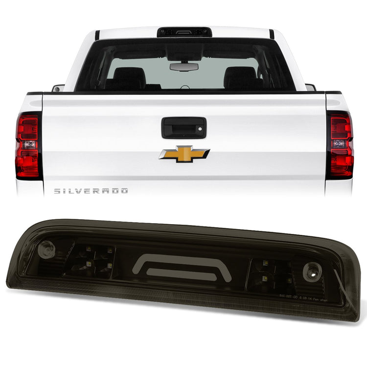 LUZ DE FRENO 14-20 CHEVY SILVERADO 1500, GMC SIERRA 1500 / 15-20 SILVERADO 2500HD, 3500HD, SIERRA 2500HD, 3500HD / 2019 GMC SIERRA 1500 LIMITED - FITS MODELS WITH CARGO LIGHT - 3D - LED - BLACK / SMOKE
