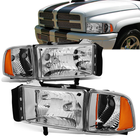 FAROS 94-01 DODGE RAM 1500 / 94-02 DODGE RAM 2500 , 3500 2/4-DOOR - DOES NOT FIT SPORT MODELS OR RAM VAN MODELS - CHROME HOUSING / AMBER CORNER - 9004 LOW BEAM / HIGH BEAM