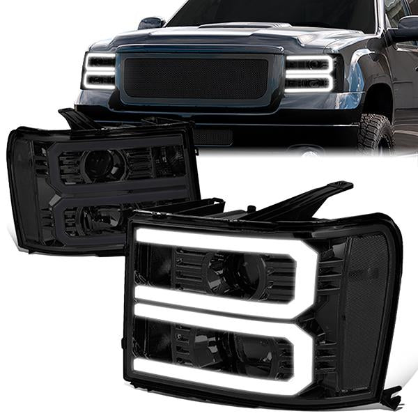 FAROS 07-13 GMC SIERRA 1500 / 07-14 GMC SIERRA 2500, 3500 - DOES NOT FIT 2007 CLASSIC STYLES - LIGHT BAR REQUIRES WIRING INTO EXISTING HARNESS - DUAL U-BAR LED DRL - SMOKE HOUSING / CLEAR CORNER
