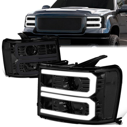 FAROS 07-13 GMC SIERRA 1500 / 07-14 GMC SIERRA 2500, 3500 - DOES NOT FIT 2007 CLASSIC STYLES - LIGHT BAR REQUIRES WIRING INTO EXISTING HARNESS - DUAL U-BAR LED DRL - SMOKE HOUSING / CLEAR CORNER