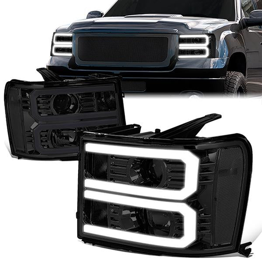 FAROS 07-13 GMC SIERRA 1500 / 07-14 GMC SIERRA 2500, 3500 - DOES NOT FIT 2007 CLASSIC STYLES - LIGHT BAR REQUIRES WIRING INTO EXISTING HARNESS - DUAL U-BAR LED DRL - SMOKE HOUSING / CLEAR CORNER