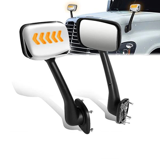 RETROVISOR HOOD MIRROR - 08-17 FREIGHTLINER CASCADIA - MARKER/ TURN SIGNAL LIGHTS NEED TO BE WIRED INTO EXISTING LIGHTING HARNESS - MANUAL - ARROW SEQUENTIAL LED - CHROME