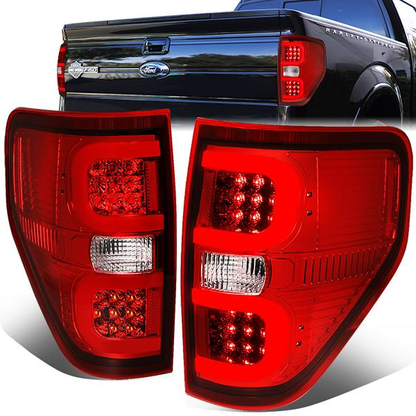 FAROS TRASEROS 09-14 FORD F-150 - DUAL C-BAR - 3D - LED - CHROME / RED