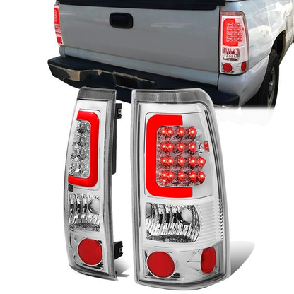 FAROS TRASEROS 99-02 CHEVY SILVERADO 1500 , 2500 , 3500 , HD MODELS / 99-03 GMC SIERRA 1500 , 2500 , HD MODELS - RED C-BAR - 3D - U-HALO LED - CHROME / CLEAR