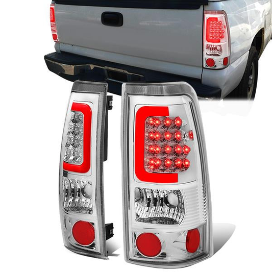 FAROS TRASEROS 99-02 CHEVY SILVERADO 1500 , 2500 , 3500 , HD MODELS / 99-03 GMC SIERRA 1500 , 2500 , HD MODELS - RED C-BAR - 3D - U-HALO LED - CHROME / CLEAR