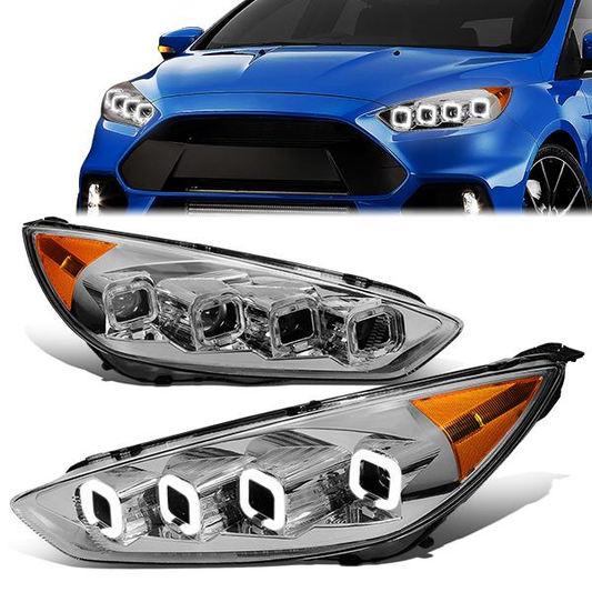 FAROS 15-18 FORD FOCUS - FITS MODELS WITH HALOGEN HEADLIGHTS ONLY - FITS MODELS WITHOUT LED DRL - SEQUENTIAL HALO - PROJECTOR HIGH / LOW BEAM - CHROME HOUSING / AMBER CORNER