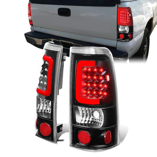 FAROS TRASEROS 99-02 CHEVY SILVERADO 1500 , 2500 , 3500 , HD MODELS / 99-03 GMC SIERRA 1500 , 2500 , HD MODELS - RED C-BAR - 3D - U-HALO LED - BLACK / CLEAR