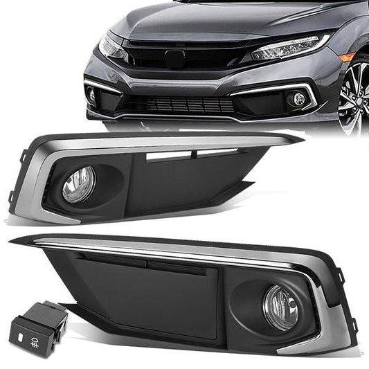 FAROS DE NIEBLA 19-20 HONDA CIVIC 2-DR COUPE, 4-DR SEDAN - WITH SWITCH, CHROME TRIM BEZEL - CHROME / CLEAR