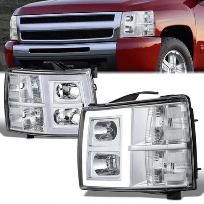 FAROS 07-13 CHEVY SILVERADO 1500 / 07-14 SILVERADO 2500 HD, 3500 - DOES NOT FIT 2007 OLD BODY CLASSIC MODELS - FITS MODELS WITH HALOGEN HEADLIGHTS ONLY - RECTANGLE LED DRL - CHROME HOUSING / CLEAR CORNER