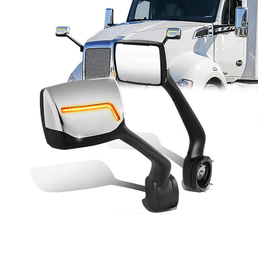 RETROVISOR HOOD MIRROR - 11-21 KENWORTH T680 / 13-21 PETERBILT 579 / 11-18 PETERBILT 587 - MARKER/ TURN SIGNAL LIGHTS NEED TO BE WIRED INTO EXISTING LIGHTING HARNESS - MANUAL - AMBER CHASING LED L-PATTERN - CHROME