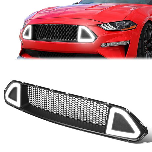 PARRILLA FRONT UPPER GRILLE - 18-20 FORD MUSTANG - HONEYCOMB MESH - W/ LED DRL LIGHT - LEDS REQUIRE WIRING TO EXISITING LIGHTING HARNESS - TRIANGLE LED - BLACK