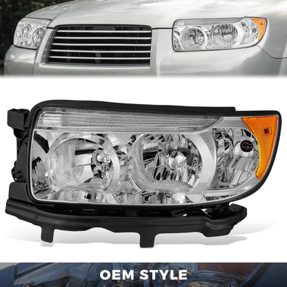 FAROS OE STYLE - 06-08 SUBARU FORESTER - FITS MODELS WITH FACTORY HALOGEN HEADLIGHTS - FITS MODELS WITHOUT SPORT PACKAGE - H1 LOW / 9005 HIGH / 168 MARKER / 7440NA TURN SIGNAL - CHROME HOUSING / AMBER REFLECTOR - LEFT