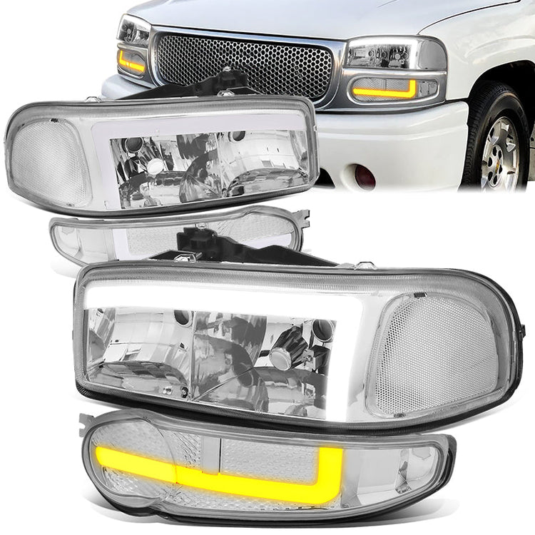 FAROS 01 GMC SIERRA C3 / 02-06 SIERRA 1500 DENALI / 07 SIERRA 1500 DENALI CLASSIC / 01-06 YUKON DENALI, YUKON XL 1500 DENALI - 9006 BULB FOR LOW BEAM - NOTCHING OF BULB BASE MAY BE REQUIRED TO FIT INTO 9005 BULB PLUG - LED DRL - 4PC - CHROME / CLEAR