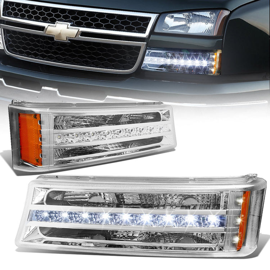 CUARTOS LUZ 03-06 CHEVY SILVERADO 1500 , 2500 , 3500 , HD MODELS, CHEVY AVALANCHE - LED DRL - FITS AVALANCHE MODELS W/O BODY CLADDING - CHROME HOUSING / AMBER CORNER