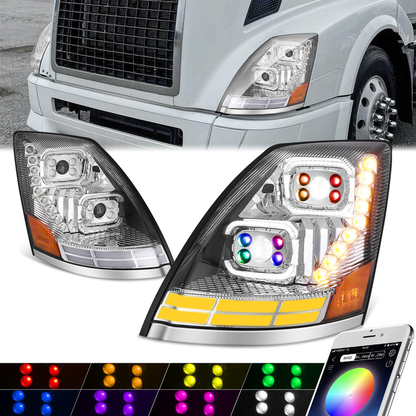 FAROS 04-18 VOLVO VN VNL 300 400 430 630 740 760 860 - FULL LED RGB DRL SEQUENTIAL TURN SIGNAL - CHROME