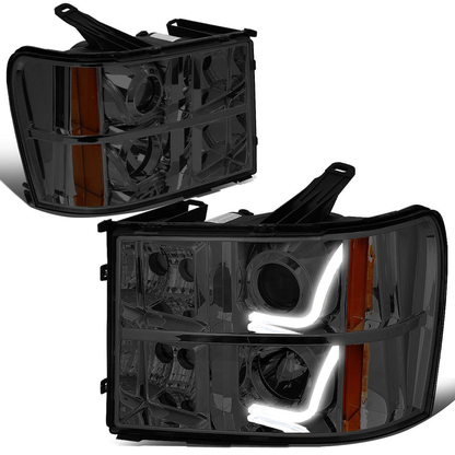 FAROS 07-13 GMC SIERRA 1500, 2500HD, 3500HD 2/4-DOOR - L-BAR HALO PROJECTOR - SMOKE HOUSING / AMBER CORNER - H11 LOW BEAM / 9005 HIGH BEAM