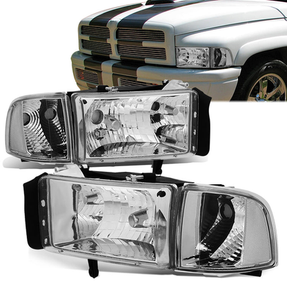 FAROS 94-01 DODGE RAM 1500 / 94-02 DODGE RAM 2500 , 3500 2/4-DOOR - DOES NOT FIT SPORT MODELS OR RAM VAN MODELS - CHROME HOUSING / CLEAR CORNER - 9004 LOW BEAM / HIGH BEAM