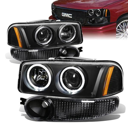 FAROS 01-06 YUKON DENALI, XL 1500 DENALI / 02-06 GMC SIERRA 1500 DENALI / 2007 GMC SIERRA 1500 DENALI 4-DOOR - FITS DENALI MODELS ONLY - LED - HALO PROJECTOR - BLACK HOUSING / AMBER CORNER - 9005 LOW BEAM / HIGH BEAM