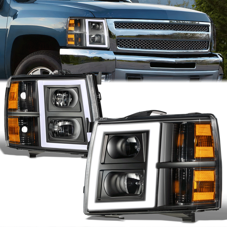 FAROS 07-13 CHEVY SILVERADO 1500 / 07-14 SILVERADO 2500 HD, 3500 - DOES NOT FIT 2007 OLD BODY CLASSIC MODELS - FITS MODELS WITH HALOGEN HEADLIGHTS ONLY - RECTANGLE LED DRL - BLACK HOUSING / AMBER CORNER
