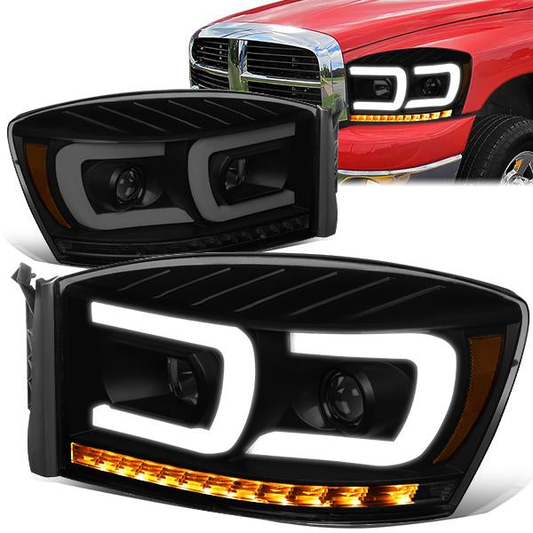 FAROS 06-08 DODGE RAM 1500 / 06-09 DODGE RAM 2500, 3500 - FITS MODELS WITH HALOGEN HEADLAMPS ONLY - DUAL LED DRL - PROJECTOR - BLACK HOUSING / SMOKE LENS / AMBER CORNER - H1 LOW BEAM / H1 HIGH BEAM / INTEGRATED LED SIGNAL & MARKER