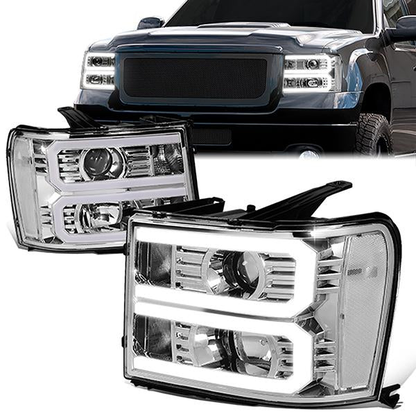 FAROS 07-13 GMC SIERRA 1500 / 07-14 GMC SIERRA 2500, 3500 - DOES NOT FIT 2007 CLASSIC STYLES - LIGHT BAR REQUIRES WIRING INTO EXISTING HARNESS - DUAL U-BAR LED DRL - CHROME HOUSING / CLEAR CORNER