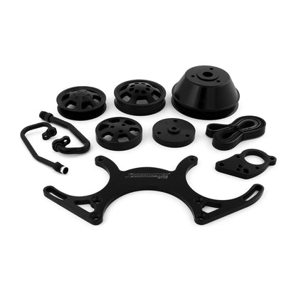 Chevy SBC 350 Aluminum Complete Serpentine Engine Pulley Kit [Black]