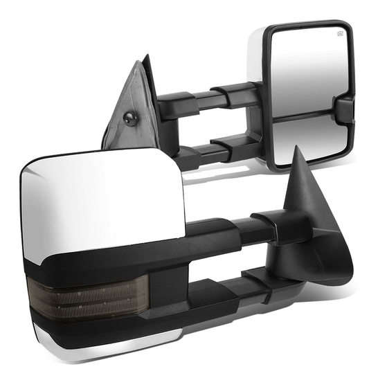 RETROVISORES EXTENDIBLES TOWING MIRROR - 99-06 CHEVY SILVERADO, GMC SIERRA / 00-06 CHEVY SUBURBAN, CHEVY TAHOE, GMC YUKON / 02-06 CHEVY AVALANCHE, CADILLAC ESCALADE - PAIR - POWERED W/ HEATED - LED SMOKE SIGNAL - CHROME