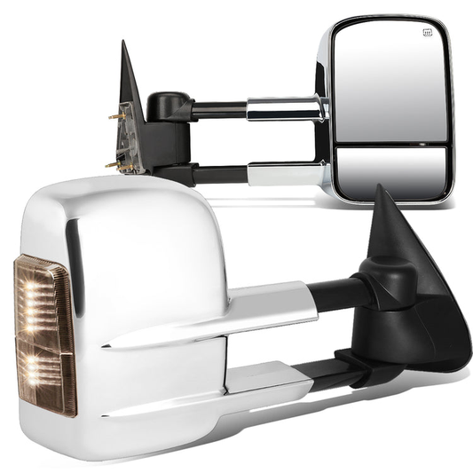 RETROVISORES EXTENDIBLES TOWING MIRROR - 99-02 CHEVY SILVERADO 1500, 2500, 3500, GMC SIERRA 1500, 2500, 3500 / 00-02 CHEVY TAHOE, CHEVY SUBURBAN 1500, 2500, GMC YUKON - PAIR - POWERED W/ HEATED - SMOKE SIGNAL - CHROME