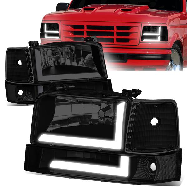 FAROS 92-96 FORD F-150, F-250, F-350 BRONCO - FITS MODELS WITH HALOGEN HEADLIGHTS ONLY - DUAL LED DRL - 4PC - BLACK HOUSING / SMOKE LENS