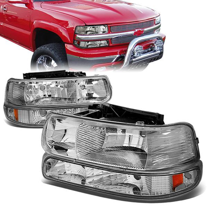 FAROS 99-02 CHEVY SILVERADO 1500 , 2500 / 00-06 CHEVY SUBURBAN 1500 , 2500 , TAHOE / 01-02 CHEVY SILVERADO 1500 HD , 2500 HD , 3500 HD 2/4-DOOR - 4PC - CHROME HOUSING / AMBER CORNER - 9006 LOW BEAM / HIGH BEAM